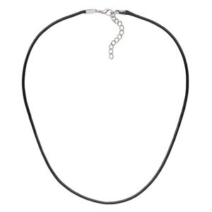 Necklace cord, imitation leather with imitation rhodium-finished steel and "pewter" (zinc-based alloy), black, 2mm wide, 16 inches with 1-1/2 inch extender chain and lobster claw clasp. Sold per pkg of 10.