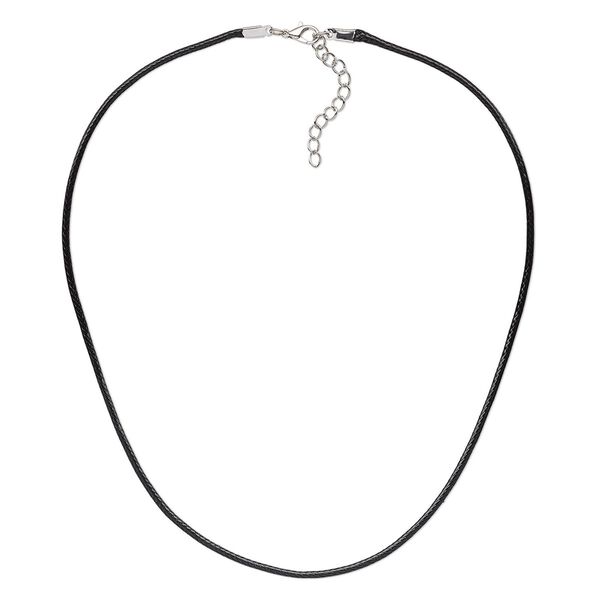Necklace cord, imitation leather with imitation rhodium-finished steel and "pewter" (zinc-based alloy), black, 2mm wide, 16 inches with 1-1/2 inch extender chain and lobster claw clasp. Sold per pkg of 10. image number 0