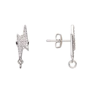 Earstud 1pkg2 imitation rhodium-plated / cubic zirconia, 18.5x5mm lightning bolt / 4mm 21 gauge open jump ring / closed loop / earnuts, brass clear 1 pair