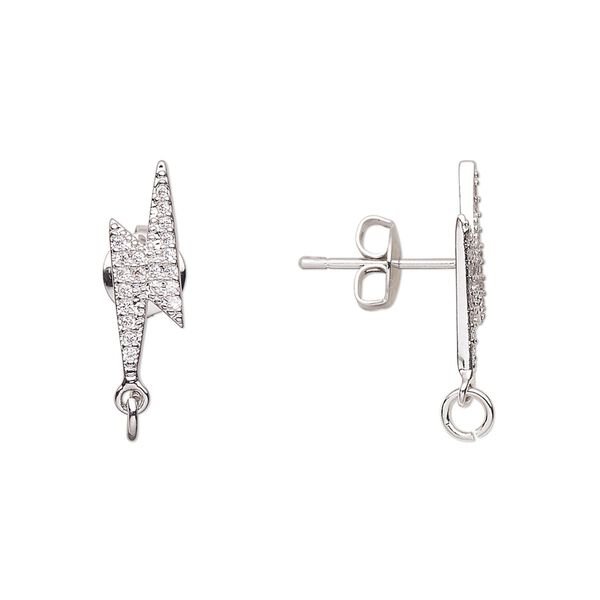 Earstud 1pkg2 imitation rhodium-plated / cubic zirconia, 18.5x5mm lightning bolt / 4mm 21 gauge open jump ring / closed loop / earnuts, brass clear 1 pair image number 0