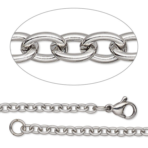 Chain, stainless steel, 3.5mm cable, 20 inches with lobster claw clasp. Sold individually. image number 0