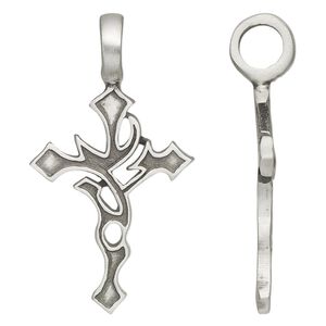 Pendant, antiqued pewter (tin-based alloy), 48x26mm single-sided cross with 6.5mm hole. Sold individually.