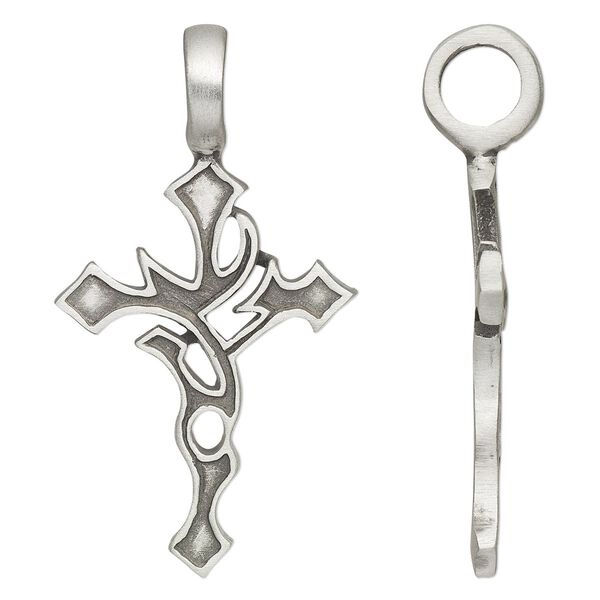 Pendant, antiqued pewter (tin-based alloy), 48x26mm single-sided cross with 6.5mm hole. Sold individually. image number 0