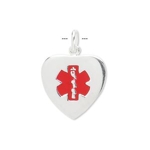 Drop, medical alert ID, sterling silver and enamel, red, 18x18mm heart. Sold individually.