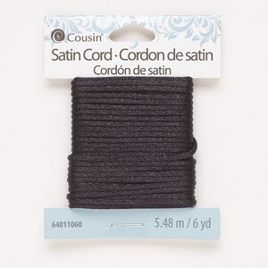 Cord, satin, black, 2mm round. Sold per 6-yard pkg.