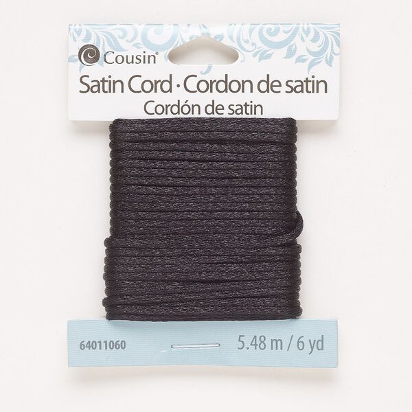 Cord, satin, black, 2mm round. Sold per 6-yard pkg. image number 0