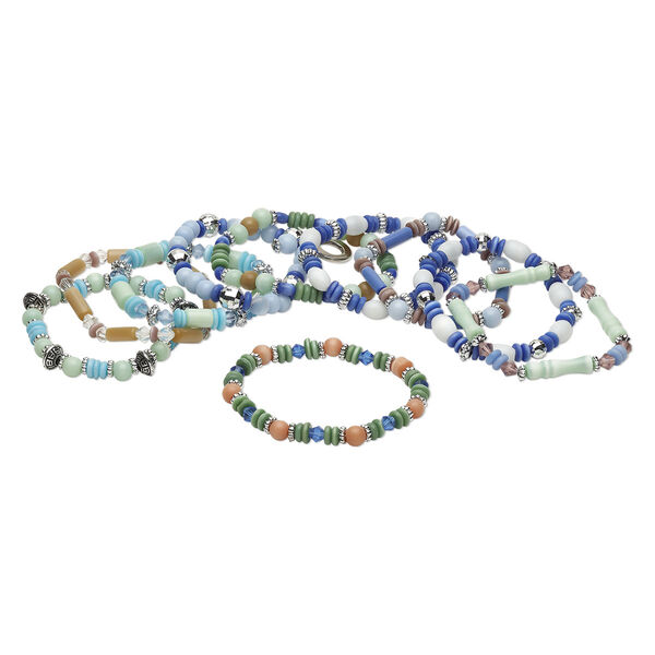 Bracelet mix, stretch, cat's eye glass (fiber optic glass) / glass / plastic / silver-coated plastic / silver-finished steel, multicolored, 6x2mm-26x7mm mixed shape, 7 inches. Sold per pkg of 10. image number 0