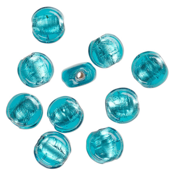 Bead, lampworked glass, opaque teal blue, 12x7mm-10x6mm flat round with silver-colored foil. Sold per pkg of 10. image number 0