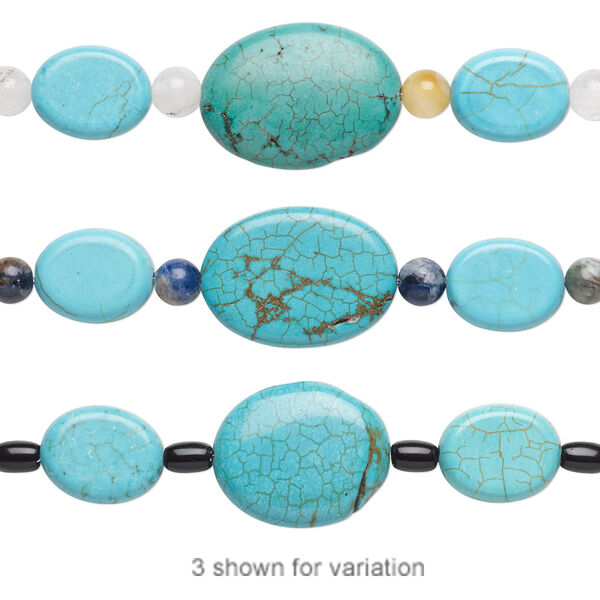 Bead mix, "turquoise" (imitation) resin / multi-gemstone (natural / dyed / heated) / glass, light blue / blue-green / light teal green, 5mm-25x19mm mixed shape. Sold per pkg of 7. image number 0