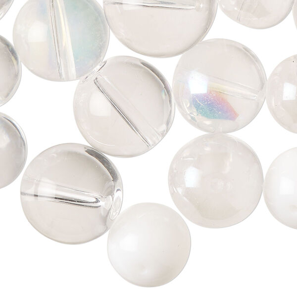 Bead, glass, pkg/6 ounces, 12-18mm center-drilled round, transparent clear / translucent clear AB / white. image number 0