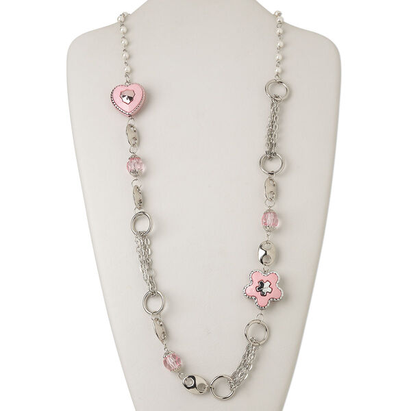 Necklace, acrylic / glass / silver-coated plastic / silver-finished steel, white and pink, oval, 40-inch continuous loop. Sold individually. image number 0