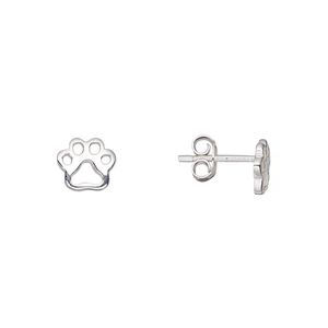 Earstud, sterling silver, 8x7mm paw print cutout with post. Sold per pair.