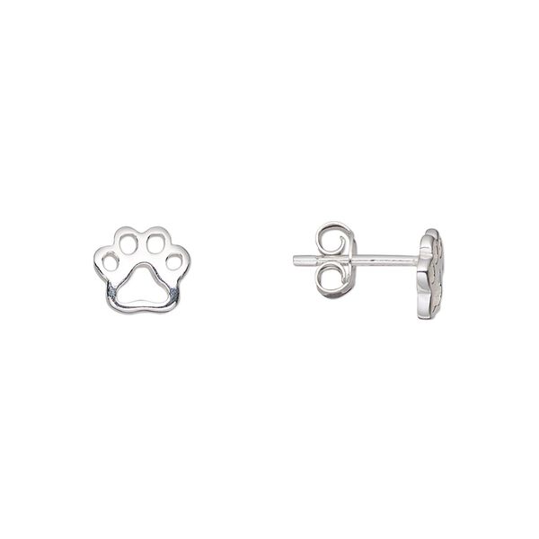 Earstud, sterling silver, 8x7mm paw print cutout with post. Sold per pair. image number 0