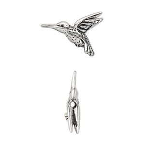 Bead, TierraCast®, antique silver-plated pewter (tin-based alloy), 19x14mm 3D hummingbird. Sold per pkg of 20.
