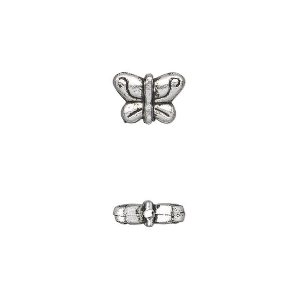 Bead, antique silver-plated "pewter" (zinc-based alloy), 10x7mm double-sided butterfly. Sold per pkg of 50. image number 0
