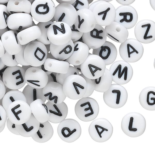 Bead mix, acrylic, opaque white and black, 7mm double-sided flat round with alphabet letters. Sold per pkg of 200. image number 0