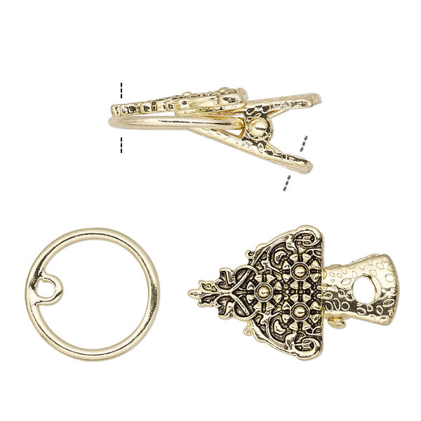 Clasp, alligator clip, antique gold-finished steel and "pewter" (zinc-based alloy), 20x20x19mm fancy triangle. Sold individually. image number 0