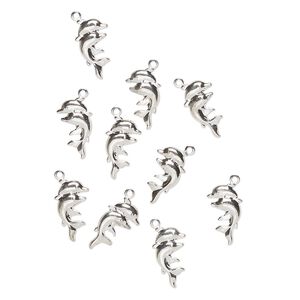 Charm, steel, pkg/10, 16x9mm dolphin, silver finish.