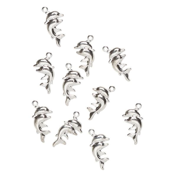Charm, steel, pkg/10, 16x9mm dolphin, silver finish. image number 0