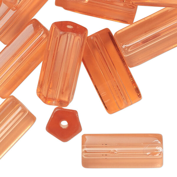 Bead, glass, translucent salmon, 20x8mm pentagon tube. Sold per pkg of 30. image number 0