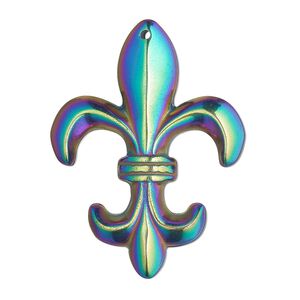 Hemalyke™ 1pkg1, electroplated top-drilled 1-sided fleur-de-lis focal 38x28.5mm