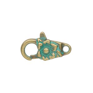 Clasp lobster claw 1pkg6 brass-plated / patina "pewter" (zinc alloy), 24x10.5mm double-sided, green antique 1-strand