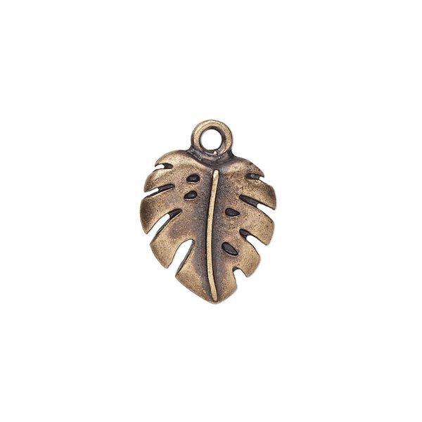 Charm, TierraCast®, antique brass-plated pewter (tin-based alloy), 16x14.5mm monstera leaf. Sold per pkg of 20. image number 0
