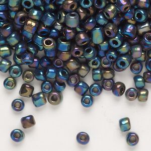 Seed bead, glass, pkg/100g, #6 round, opaque AB iris blue.