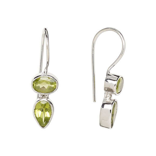 Earring, Create Compliments®, peridot (natural) and sterling silver, 27mm with 7x6mm faceted oval and 8x5mm faceted teardrop with fishhook ear wire, 20 gauge. Sold per pair. image number 0