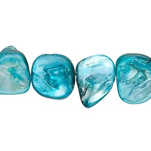 Bead, mother-of-pearl shell (dyed), turquoise blue, small to medium nugget, Mohs hardness 3-1/2. Sold per 15-1/2" to 16" strand.
