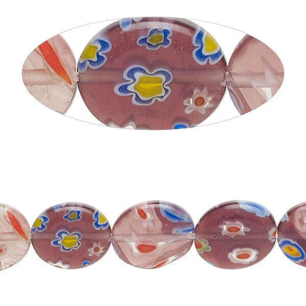 Bead, millefiori glass, translucent purple and multicolored, 11x9mm-12x10mm puffed oval with flower design. Sold per 14-inch strand, approximately 35 beads. image number 0