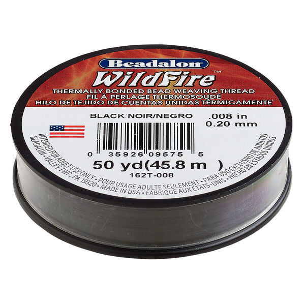 Thread, Beadalon® WildFire™, polyester and plastic, black, 0.2mm with bonded coating, 15-pound test. Sold per 50-yard spool. image number 0