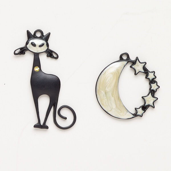 "Pewter" (zinc-based alloy) / enamel / acrylic 1pkg2, cat / crescent moon / stars charm assortment black-finished / multicolored 37x18mm/24mm image number 0