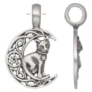 Pendant, Powerful Pewter Pendants, antiqued pewter (tin-based alloy), 41x25mm single-sided moon with cat. Sold individually.