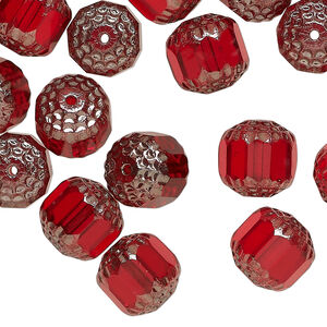 Bead, Czech glass 1pkg40, translucent red and metallic red, 10mm round cathedral.