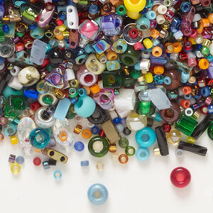 Seed bead mix, glass, pkg/100g, 15/0 to 12x2mm mixed shapes, mixed colors.