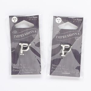 Bead, silver-finished "pewter" (zinc-based alloy), 13x12mm top-drilled alphabet letter "P" with 2mm hole. Sold per pkg of 2.