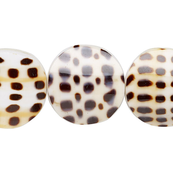 Bead, laminated lettered cone shell (assembled), 20mm double-sided curved flat round, Mohs hardness 3-1/2. Sold per pkg of 5. image number 0