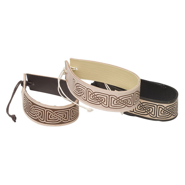 Bracelet, leather, brown / tan / black, 19.5mm wide with Celtic design, adjustable from 7-9 inches with macramé knot closure. Sold per pkg of 3. image number 0