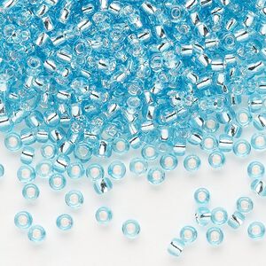 Seed bead, Dyna-Mites™, glass, silver-lined translucent light aqua, #8 round. Sold per 40-gram pkg.