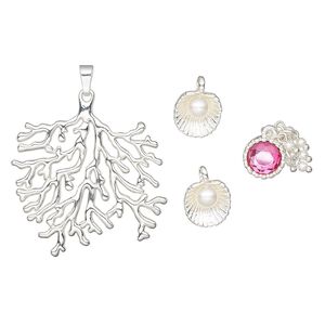 Pendant / charm / drop, Charmed, acrylic / glass / silver-finished "pewter" (zinc-based alloy), pink and white, 13mm single-sided round / 14mm two-sided clam shell / 51x47.5mm double-sided coral. Sold per 4-piece set.