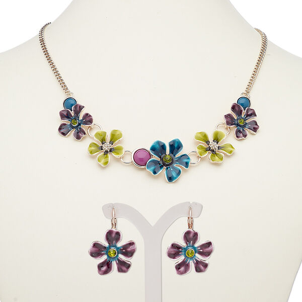 Necklace and earring set, acrylic / enamel / glass rhinestone / rose gold-finished steel / "pewter" (zinc-based alloy), multicolored, flowers, 18-inch necklace with 2-inch extender chain and lobster claw clasp, 32mm earrings with leverback ear wire. Sold per set. image number 0