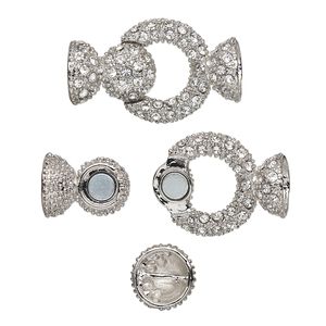 Clasp magnetic 1pkg1 silver-plated "pewter" (zinc alloy), 37x23mm ring / fits 10mm cord, clear rhinestone 1-strand