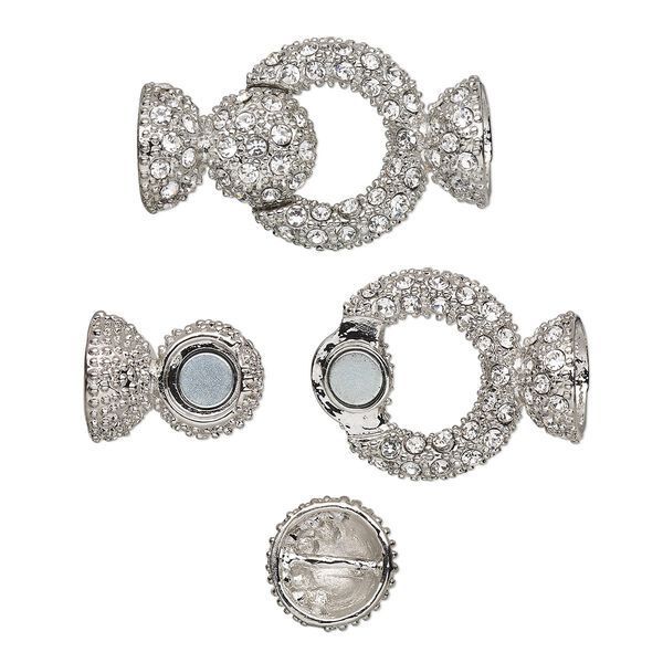 Clasp, magnetic, glass rhinestone and silver-plated "pewter" (zinc-based alloy), clear, 37x23mm ring with (2) 10mm glue-in end caps. Sold individually. image number 0