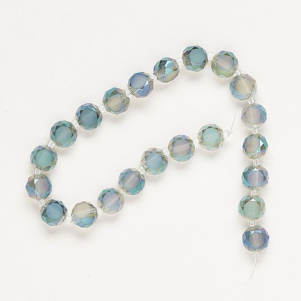 Bead, glass, translucent matte erinite AB, 8mm faceted flat-sided puffed flat round. Sold per 8-inch strand, approximately 25 beads. image number 0