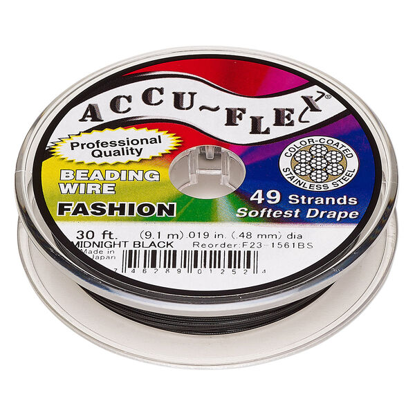 Beading wire, Accu-Flex®, nylon and stainless steel, midnight black, 49 strand, 0.019-inch diameter. Sold per 30-foot spool. image number 0