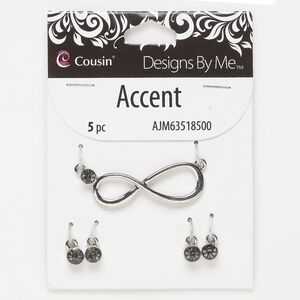 Focal and drop, silver-finished "pewter" (zinc-based alloy) and glass, grey, 41.5 x 14mm infinity with 2 loops and (4) 6mm round. Sold per pkg of 5.
