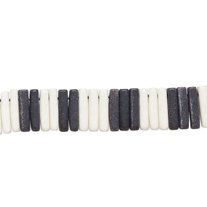 Bead, porcelain, opaque matte black and white, 9x2mm stick. Sold per 8-inch strand, approximately 100 to 120 beads.