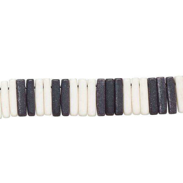 Bead, porcelain, opaque matte black and white, 9x2mm stick. Sold per 8-inch strand, approximately 100 to 120 beads. image number 0