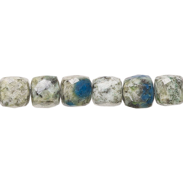 Bead, K2 "jasper" (granite and azurite) (natural), 8x7mm-9mm hand-cut faceted cube with 0.4-1.4mm hole, B- grade, Mohs hardness 3-1/2 to 7. Sold per 8-inch strand, approximately 25 beads. image number 0